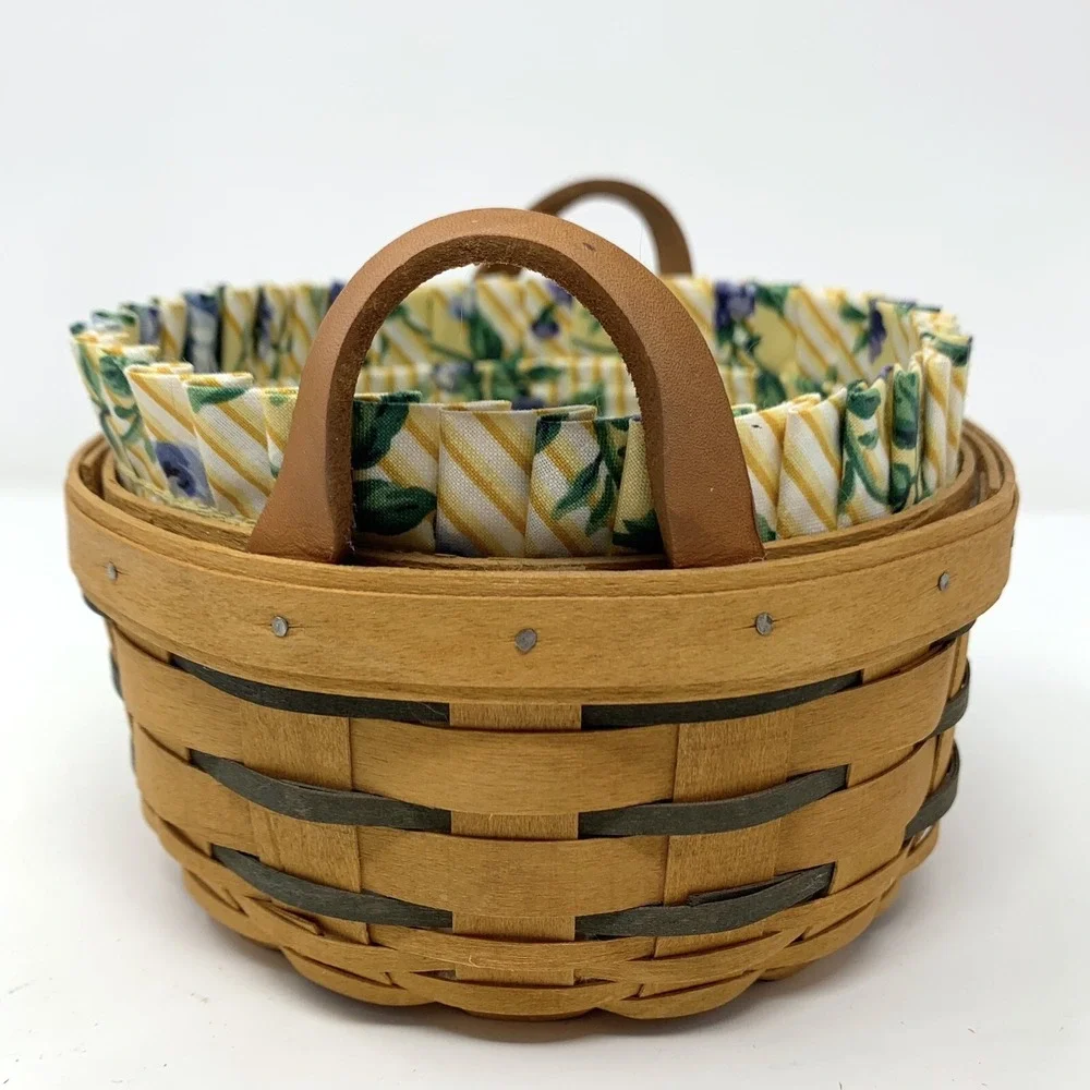 Longaberger 1996 Round Basket Leather Handles 6.5 Inch Fabric Liner, Protector